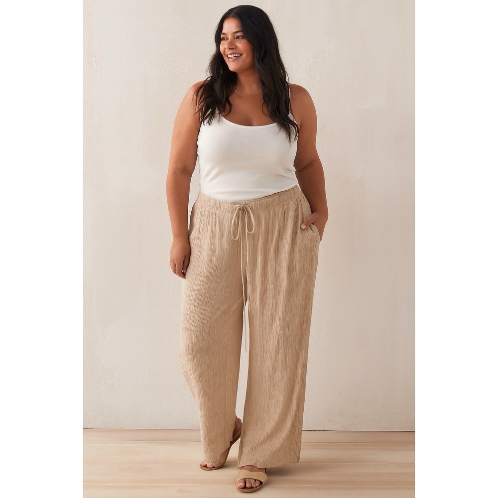 Abercrombie & Fitch Women's Beige Textured Wide Leg Pants Drawstring Waist M
